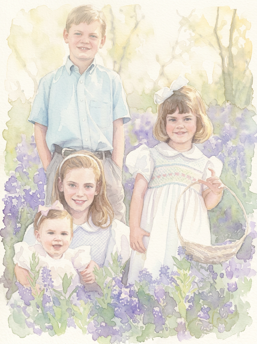 Watercolor portrait of siblings in smocked clothing among bluebonnets