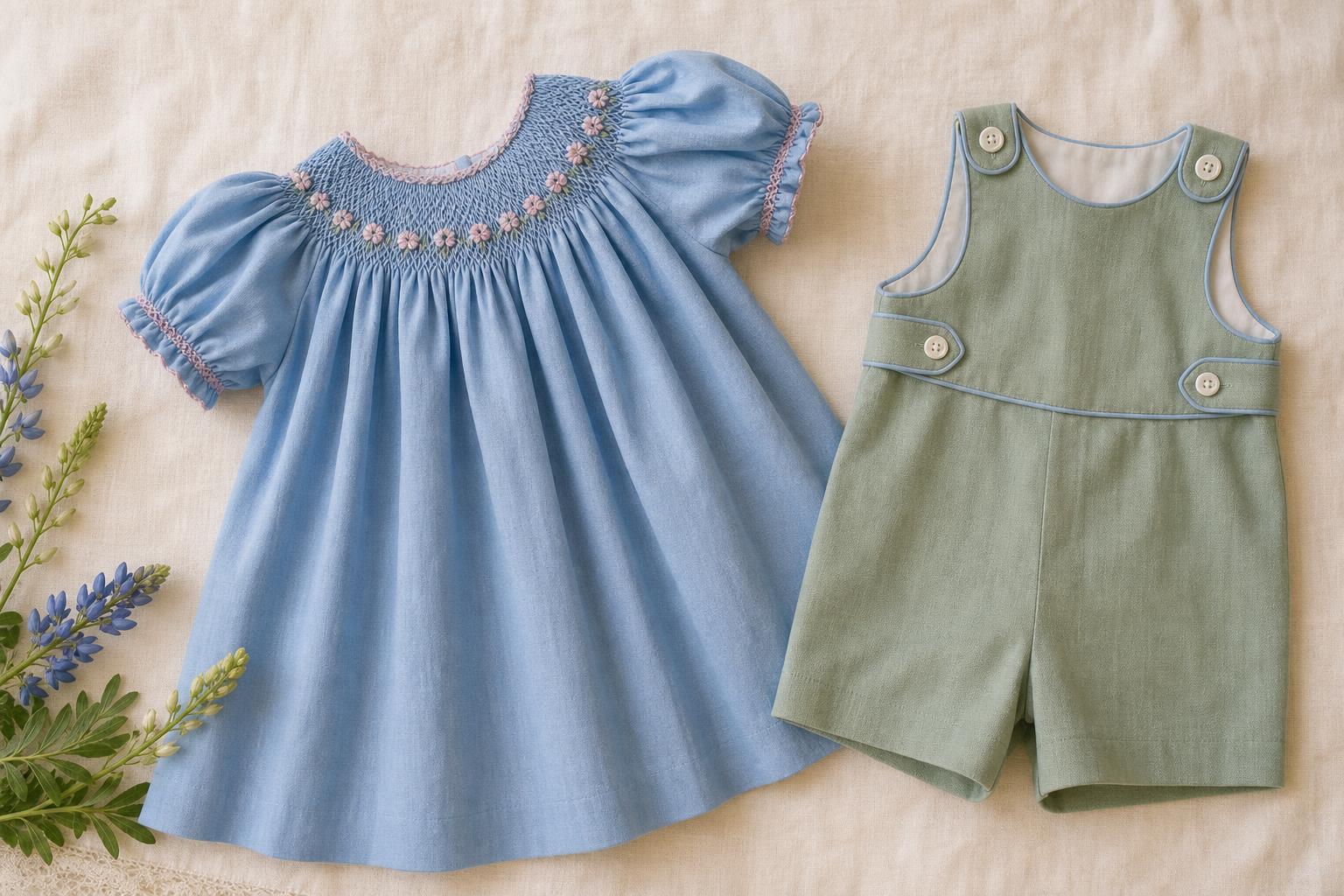 Hand-smocked bluebonnet blue infant dress with embroidered flowers